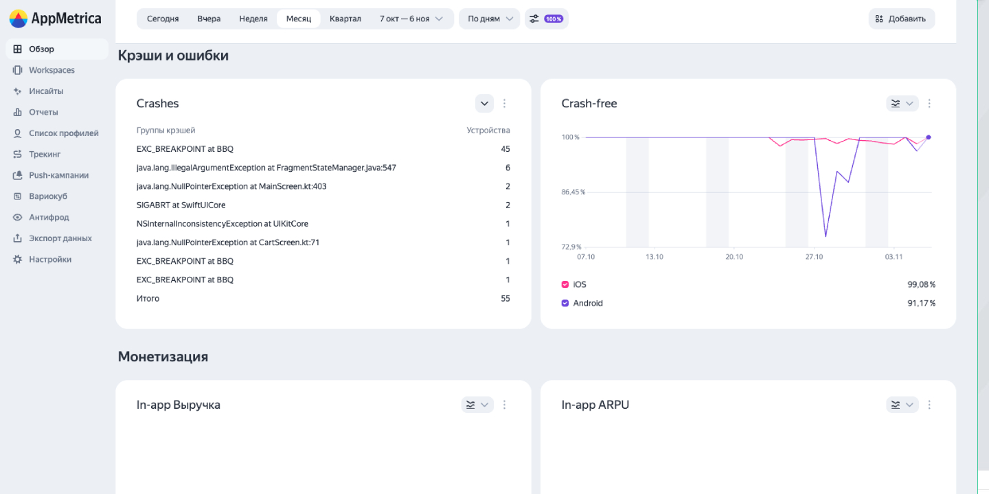 Интерфейс AppMetrica